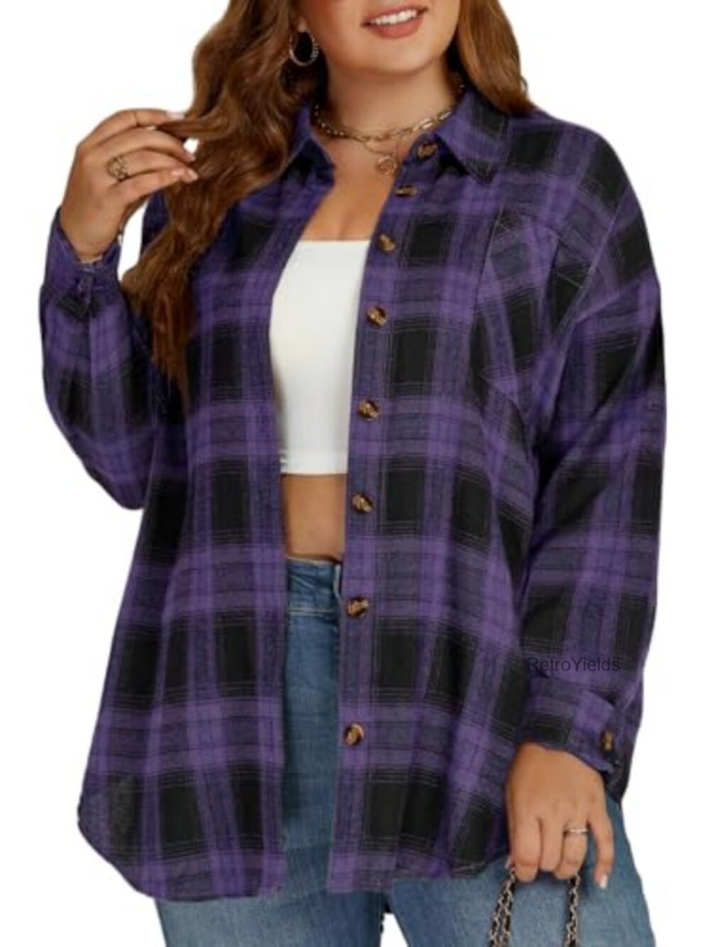 Plus Size Flannel Plaid Button Down Shirt Long Sleeve Collared Tunic